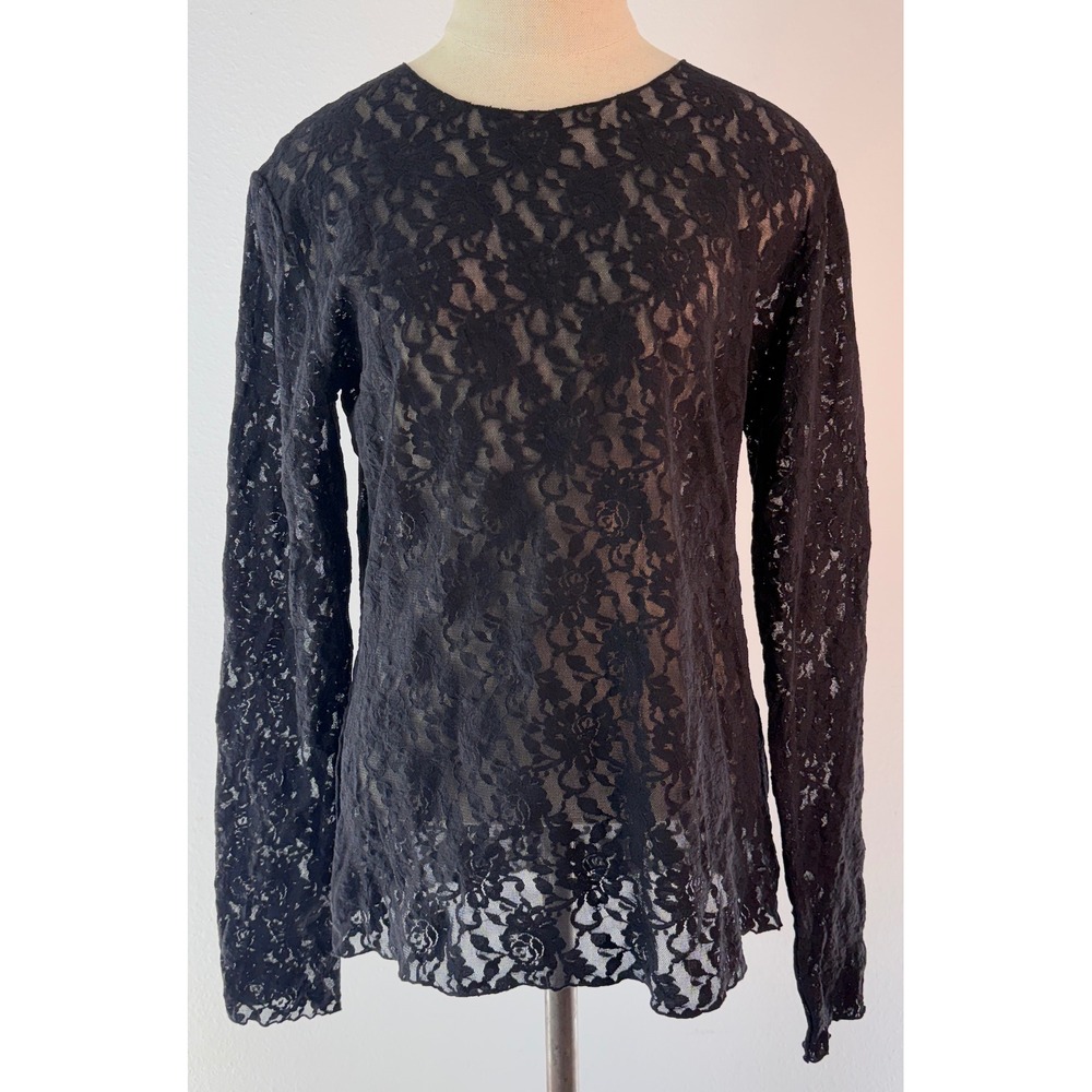 VTG 90s Y2K Hanky Panky Black Floral Lace Sheer Top Longsleeve Layering Grunge